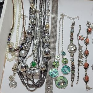 Silver-Tone Multi Strand Necklace with Green Accents Jewelry Lot